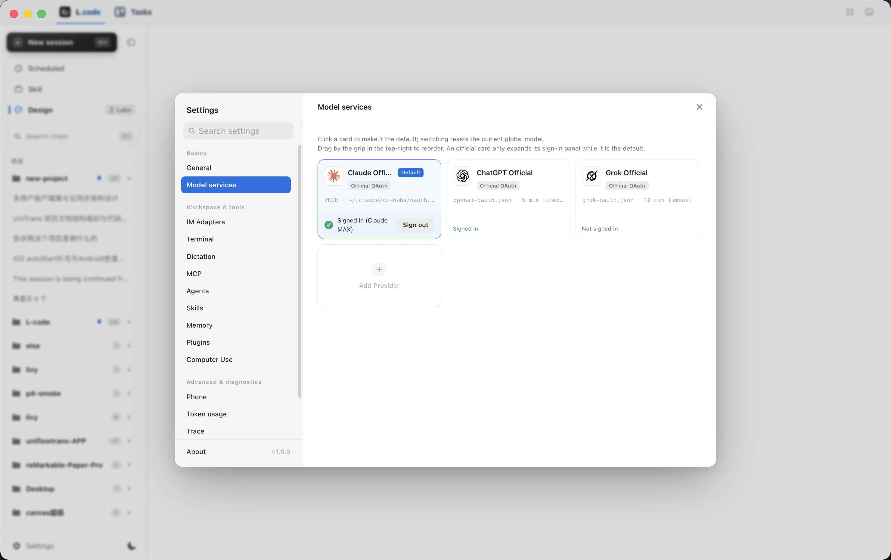 The Model services settings pane: provider cards for Claude Official marked Default and signed in, ChatGPT Official signed in and Grok Official not signed in, next to an Add Provider tile.