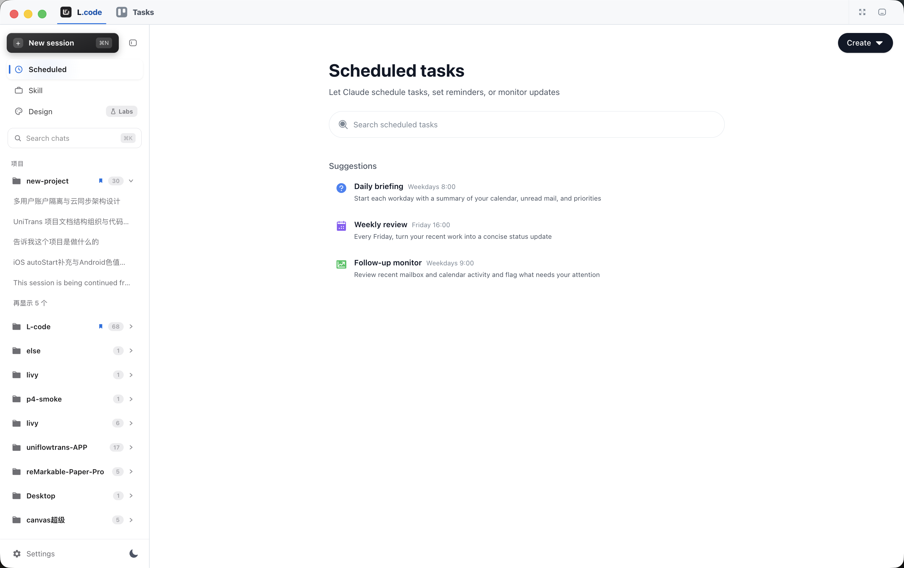 The Scheduled tasks page: suggestions including Daily briefing on weekdays at 8:00, Weekly review on Friday at 16:00 and Follow-up monitor on weekdays at 9:00, above a search field.
