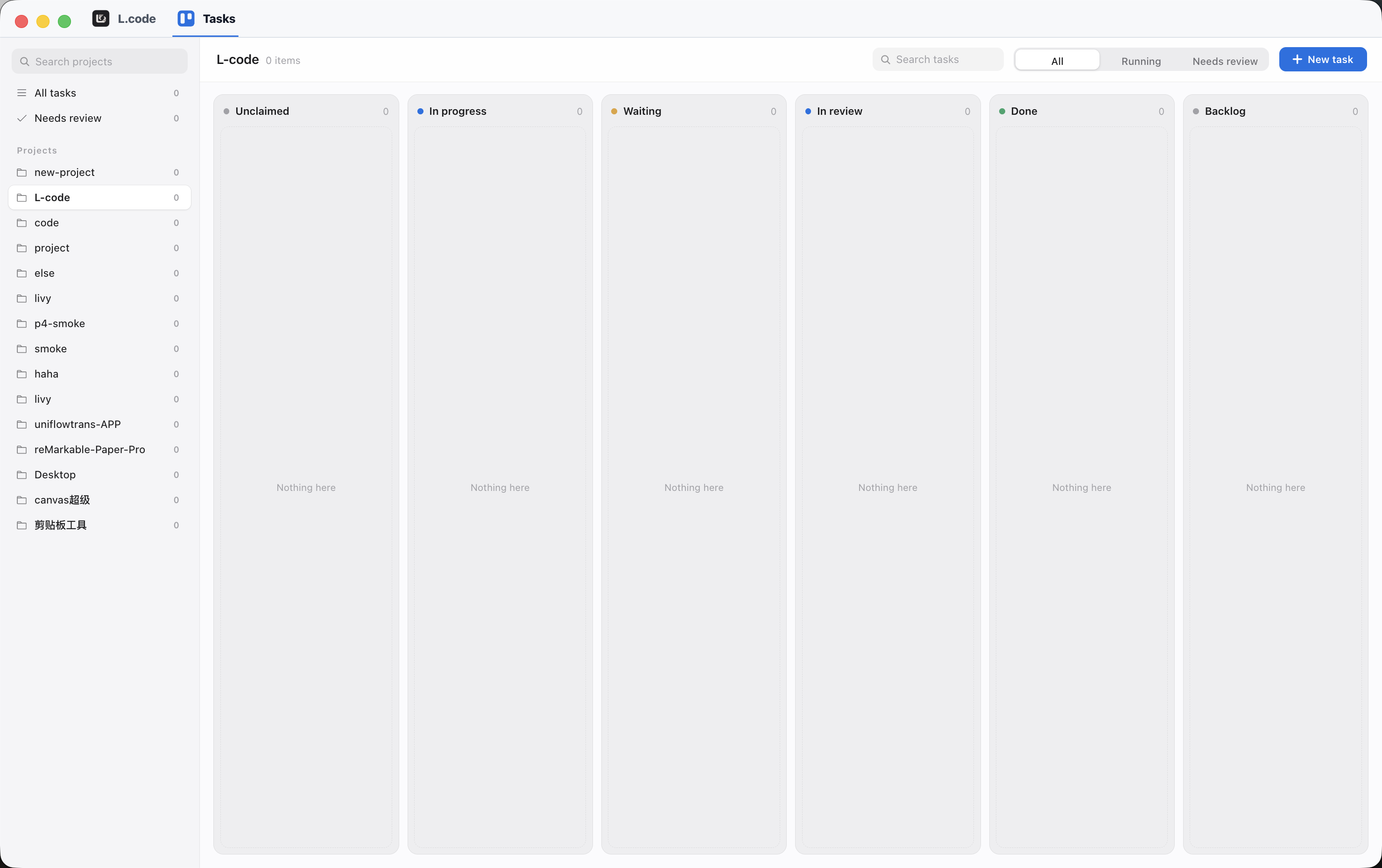 The task board: a kanban view with Unclaimed, In progress, Waiting, In review and Done columns, a project list on the left, and a task search and All filter above.